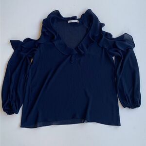 Alice+ Olivia Gia Blouse M Navy Blue Ruffle Trim Sheer Poet Sleeve Cold Shoulder